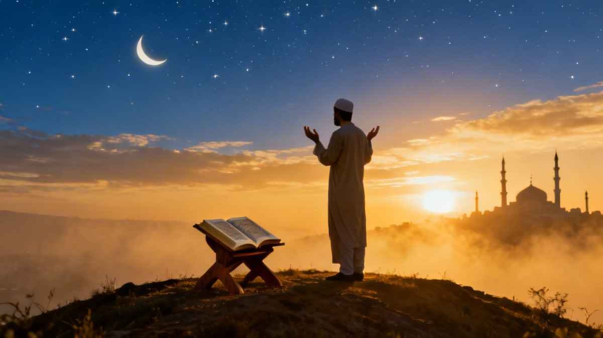 Person making dua at sunset with Quran and distant mosque silhouette