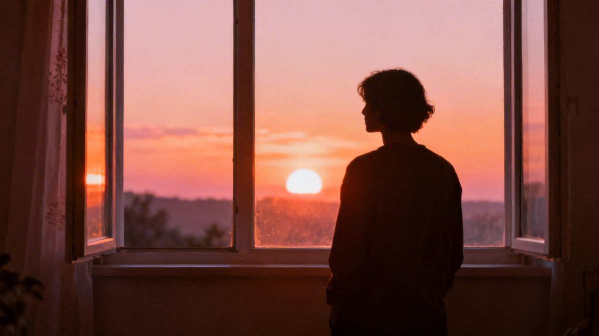 জানালার সামনে সানসেটে এক মানুষের সিলুয়েট—নীরব ভাবনা