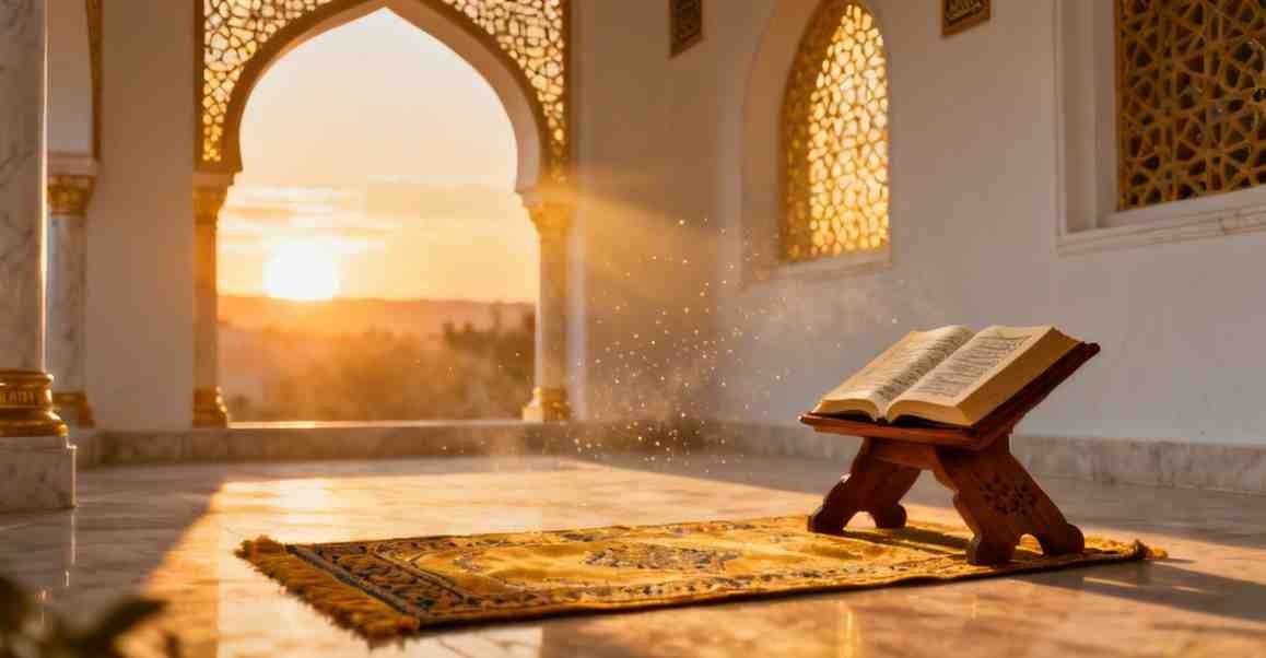 Open Quran on a wooden stand in warm sunset light symbolizing trust Allah quotes