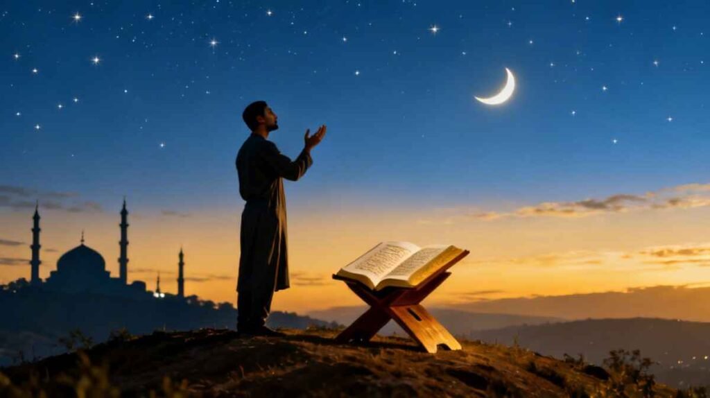 Person making dua at sunset with Quran on stand and mosque silhouette in the distance