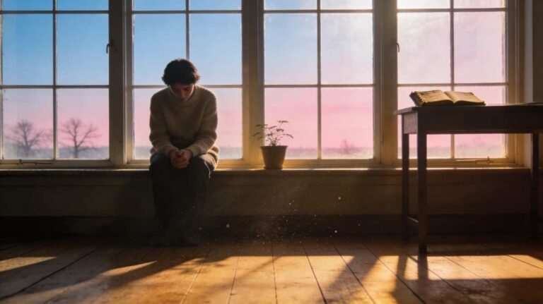 Person reflecting quietly in soft morning light with emotional mood