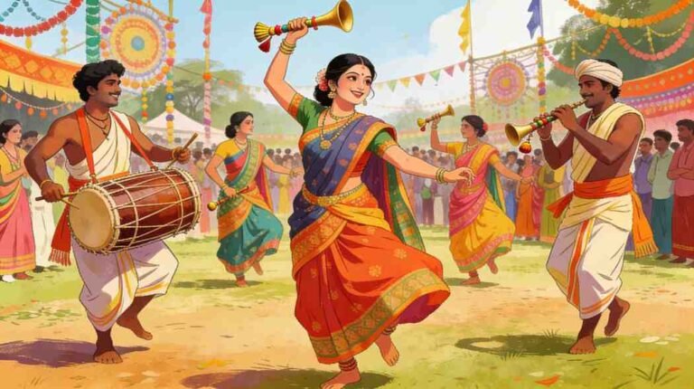 Bihu drummers and pepa players performing traditional Assamese folk music during festival