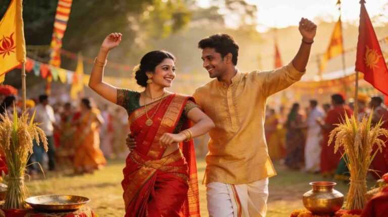 Assamese couple dancing during Bihu festival expressing love and joy