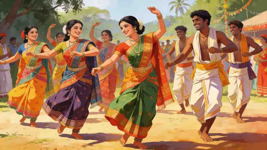 Bihu dancers smiling during festival representing romantic Assamese songs