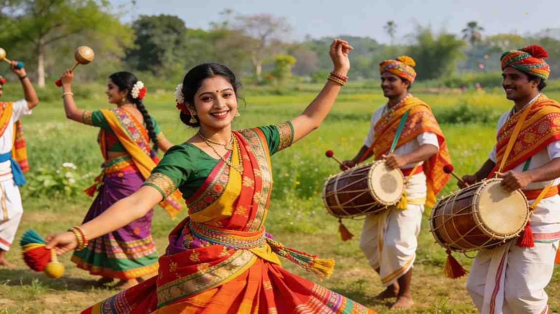 Traditional Assamese Bihu dance with dhol and pepa during Rongali festival