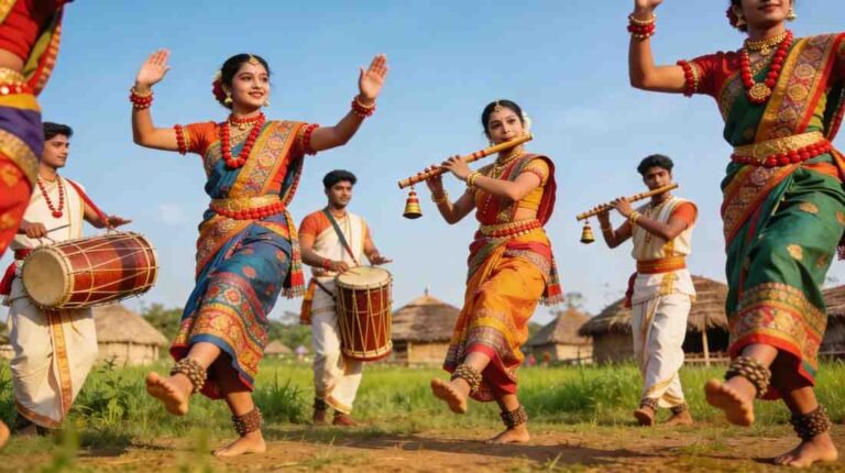 Assamese Bihu dancers performing with traditional instruments