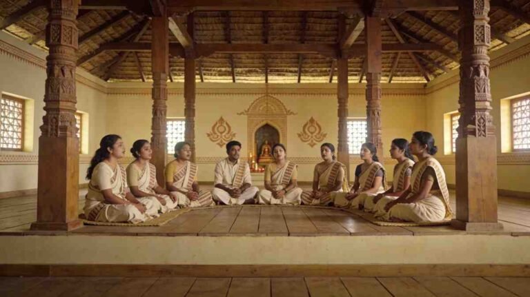 Group performing Borgeet devotional songs in a traditional namghar setting