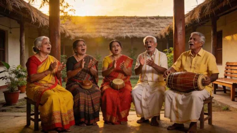 Elderly Assamese people singing old songs in a courtyard