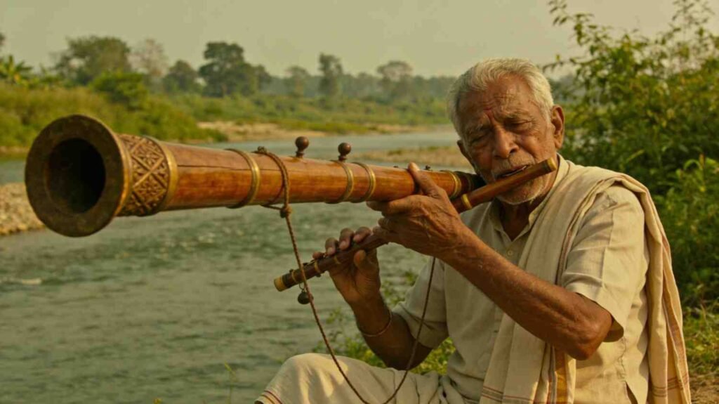 Assamese folk song lyrics elderly musician performing with tokari near riverside
