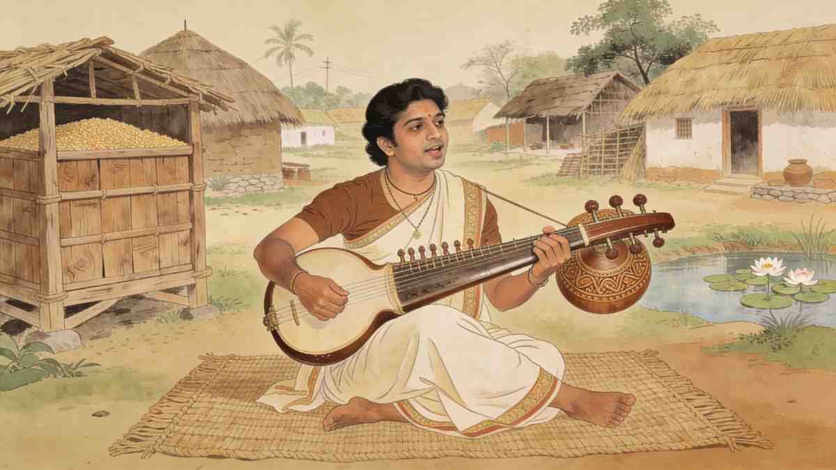 Assamese folk singer performing traditional music with cultural instruments