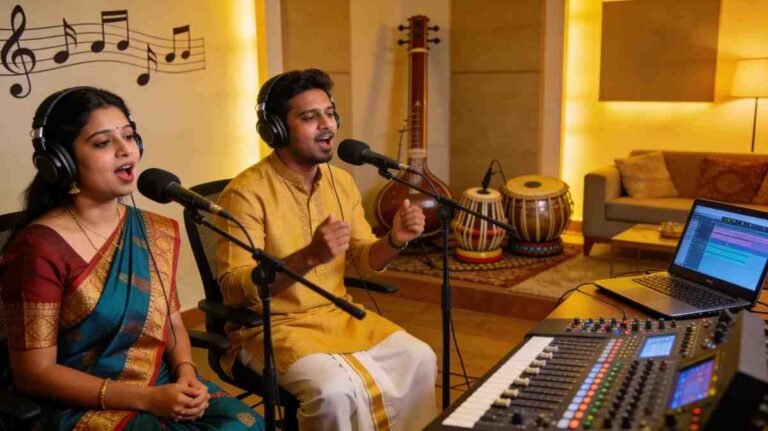 Assamese artists recording songs in modern music studio