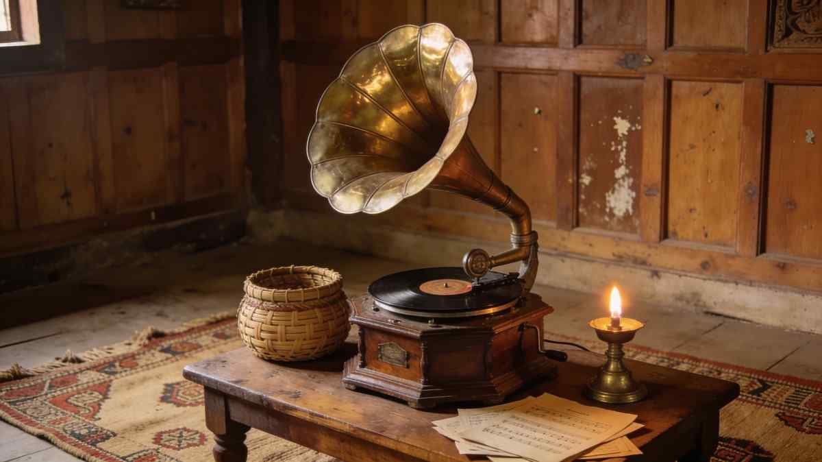 Vintage setting representing classic Assamese music and old song era