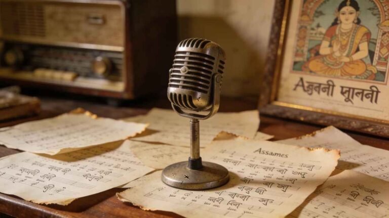Vintage microphone representing old Assamese songs and their meanings