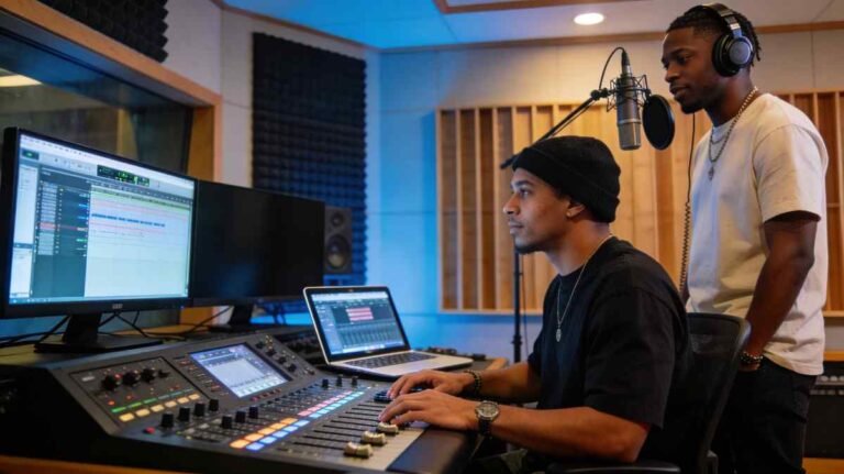 Assamese rapper recording song in modern music studio