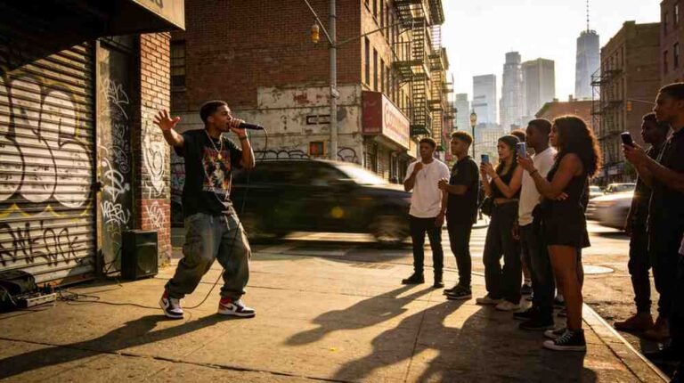 Young Assamese rapper performing on street with audience