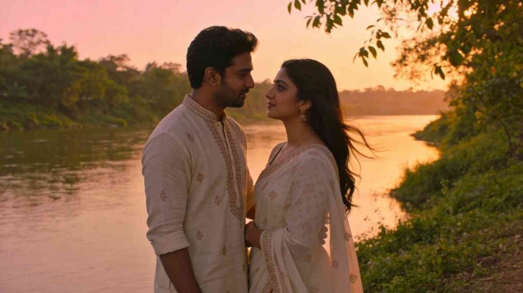 Assamese romantic song lyrics couple near riverbank at sunset in Assam
