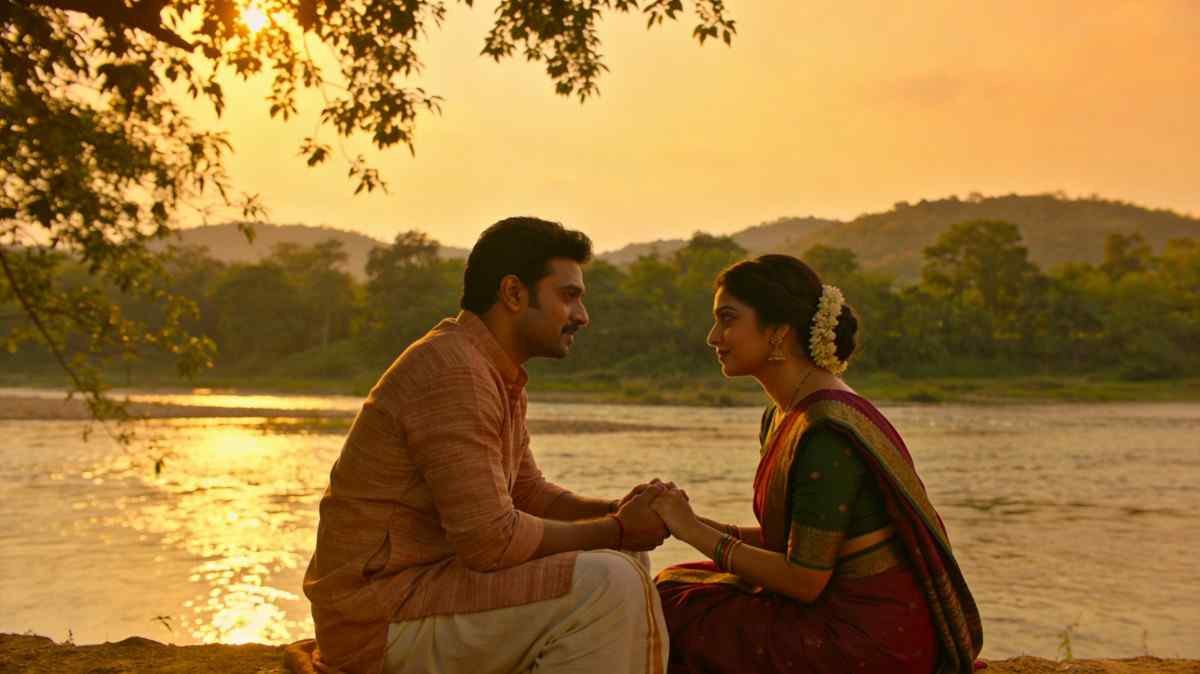 Romantic couple enjoying a peaceful moment near riverside in Assam