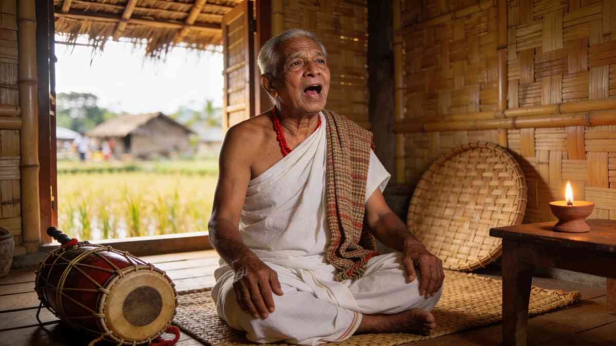 Elderly Assamese singer performing classic romantic song with emotional expression