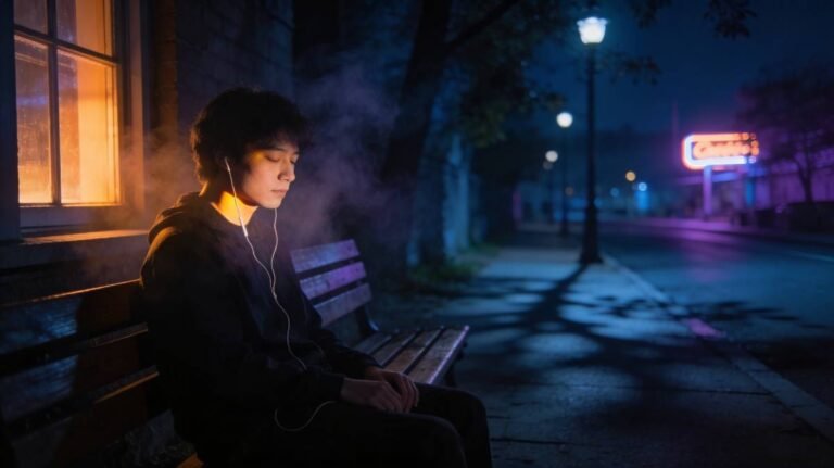 Person listening to sad Assamese love songs at night with earphones