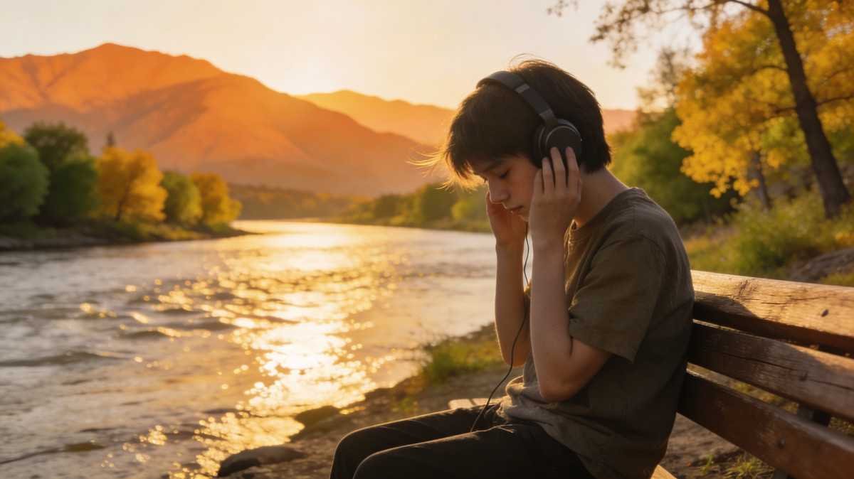 Person listening to music with headphones near riverside during sunset