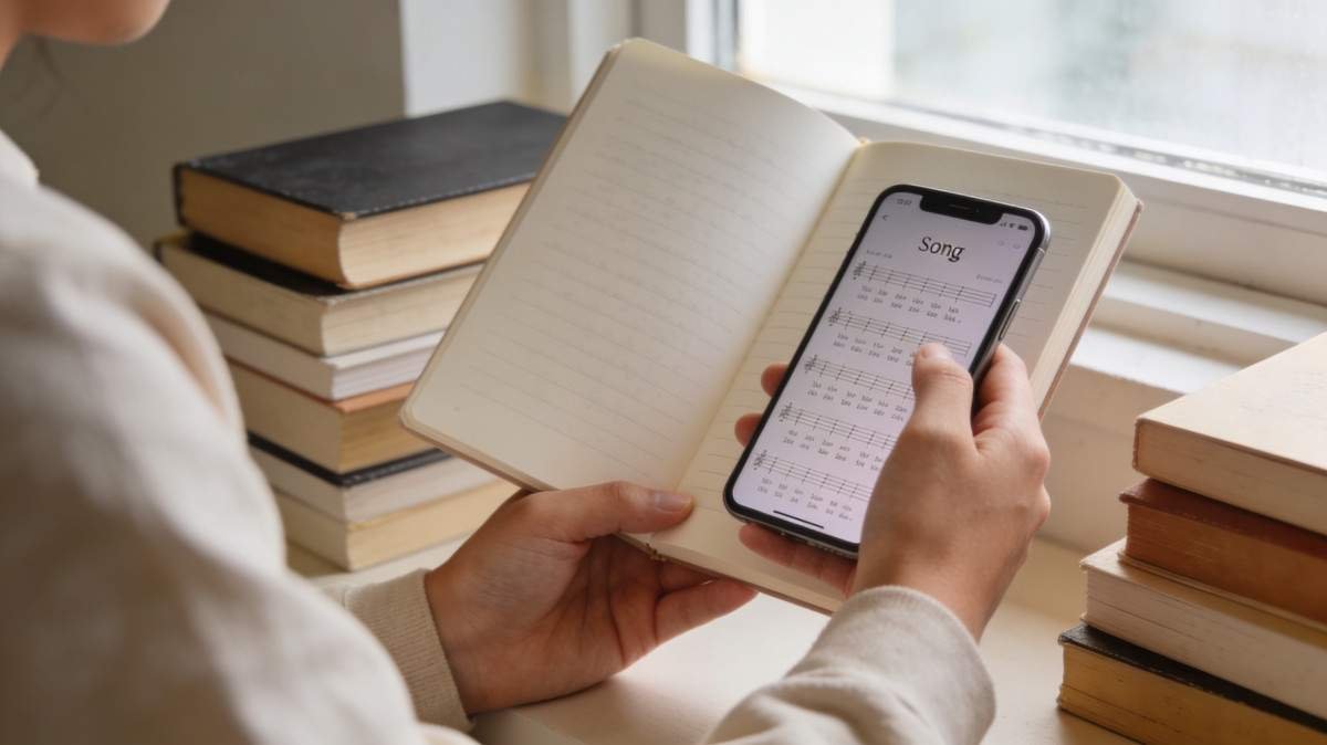 Person reading and understanding Assamese song lyrics with notebook and phone