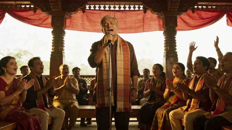 Bhupen Hazarika performing live on stage with audience