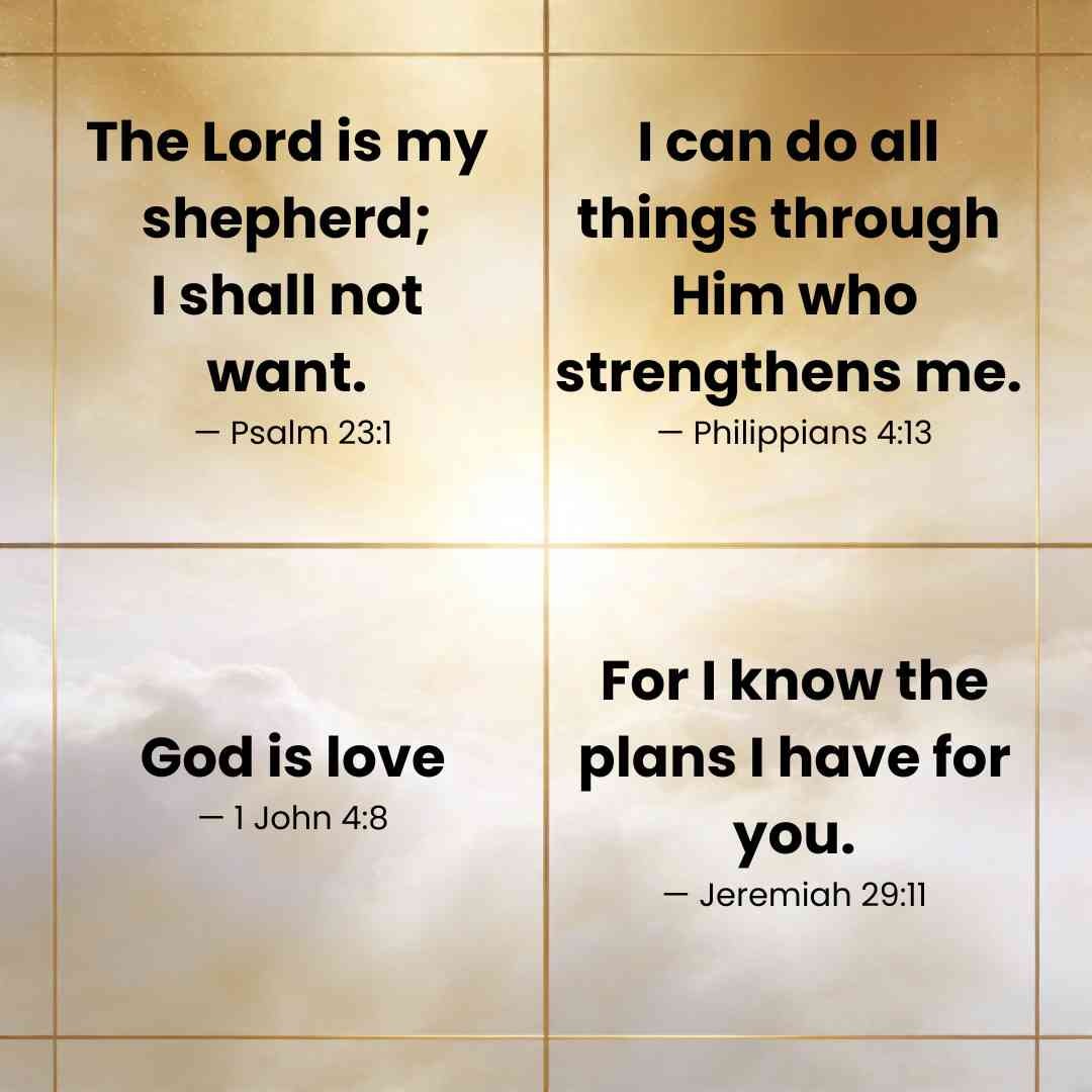 Spiritual Bible quotes grid with soft gold and white background for faith and daily inspiration
