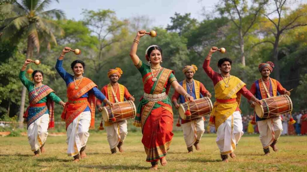 Assamese Bihu song lyrics dancers performing traditional dance with dhol and pepa during Rongali festival