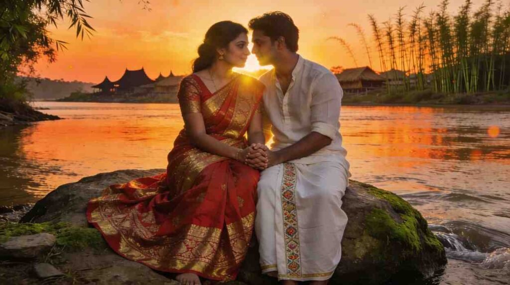 Assamese love song lyrics couple sitting by river at sunset