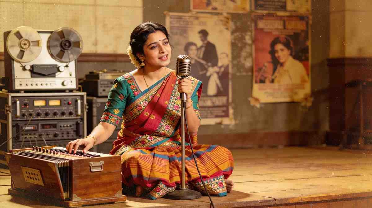 Assamese old song lyrics era singer performing with harmonium