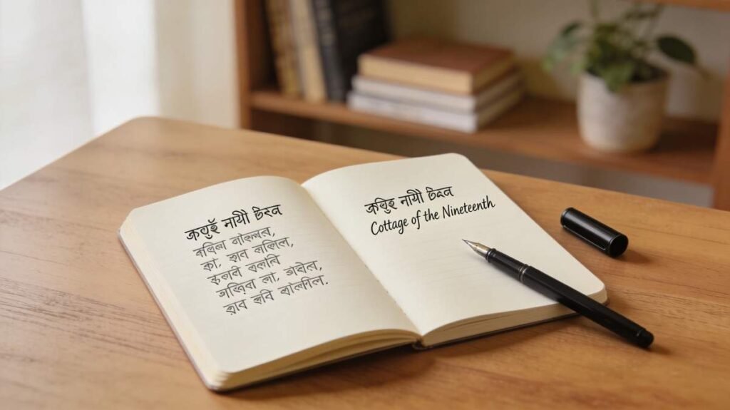Assamese song lyrics in English written in a notebook with translations
