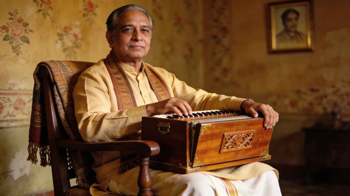 Bhupen Hazarika Assamese songs lyrics portrait with harmonium