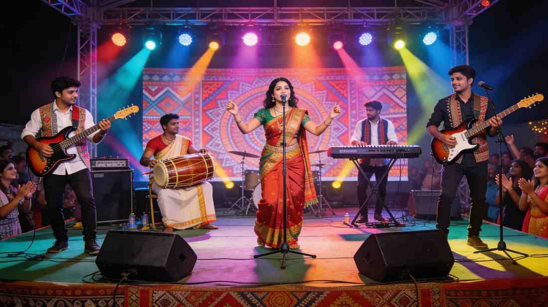 Young musicians remixing Bihu tunes on stage with modern instruments