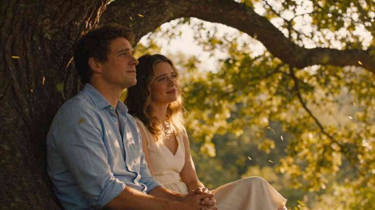 Couple sharing a peaceful romantic moment in soft natural light