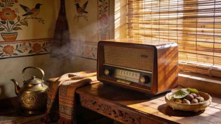 Vintage radio playing old Assamese songs in a traditional home