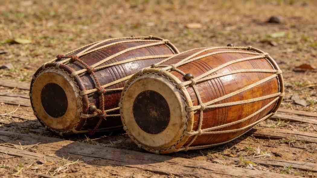 Close-up of pepa and dhol instruments used in Bihu performances