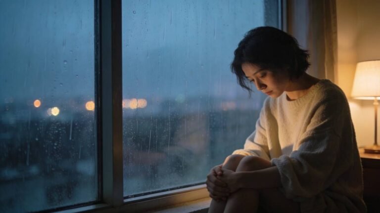 Person reflecting near window during rain showing emotional healing