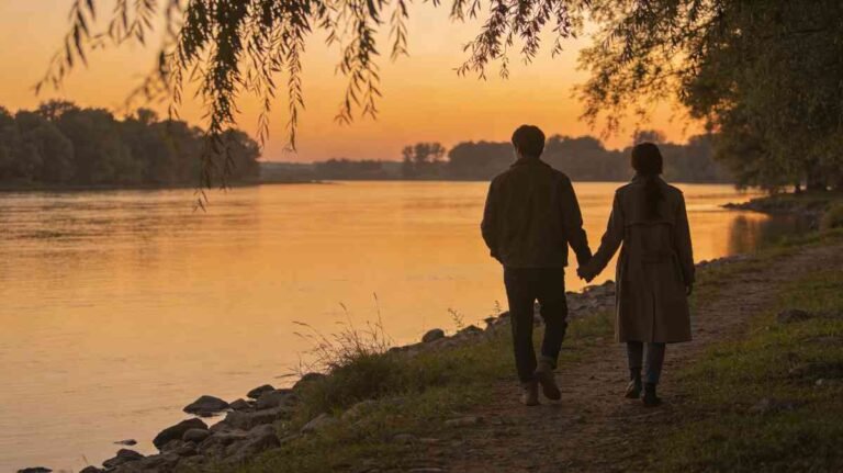 Couple walking together on a peaceful riverside path at dusk