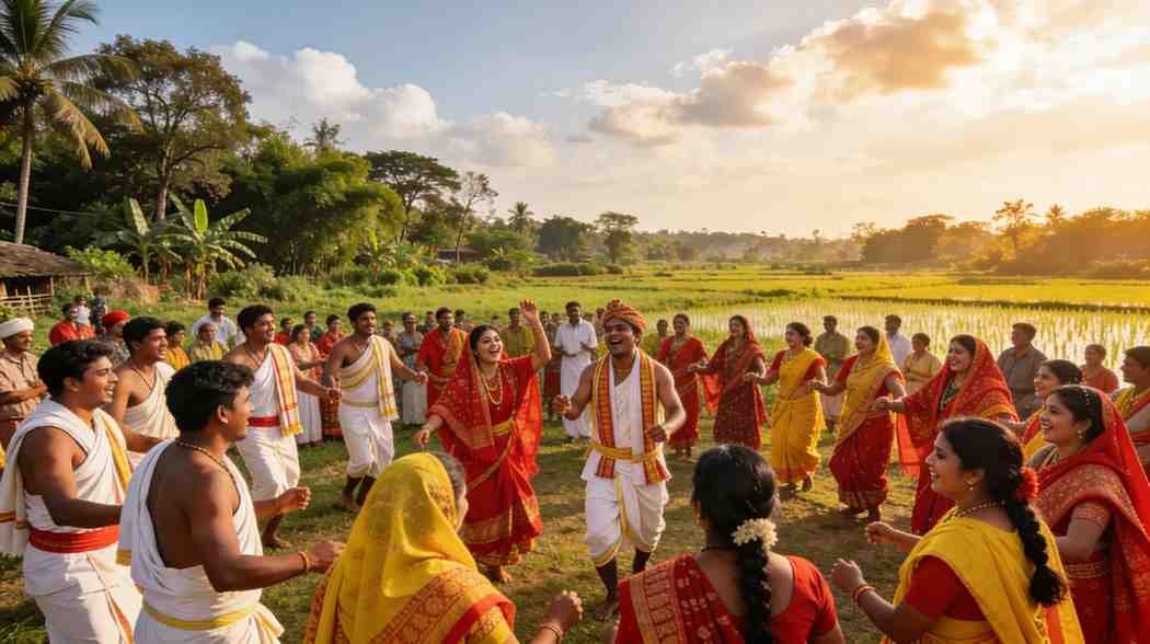 Villagers celebrating Rongali Bihu outdoors with music and dance