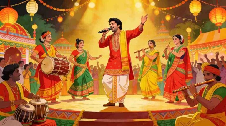 Zubeen Garg performing Assamese Bihu folk song with dancers