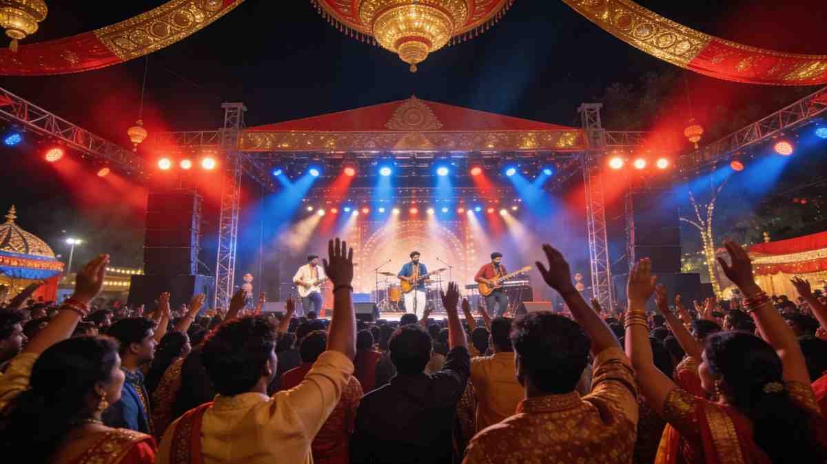 Crowd enjoying a live music concert with stage lights and energetic atmosphere