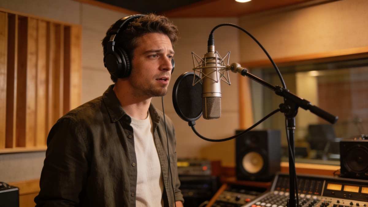 Singer recording music in a studio with microphone and headphones
