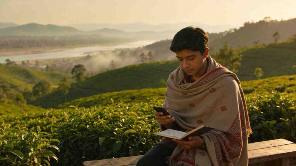 Person reading Assamese song lyrics in a tea garden with scenic hills and natural landscape