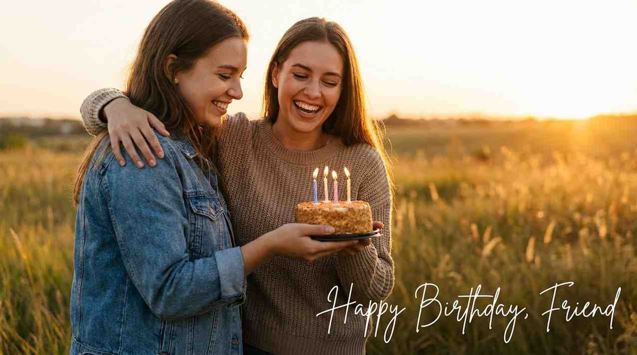 Two friends hugging while celebrating with a small cake and candles in warm golden light