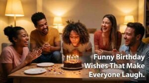 Funny birthday wishes featured image showing friends laughing around a birthday cake