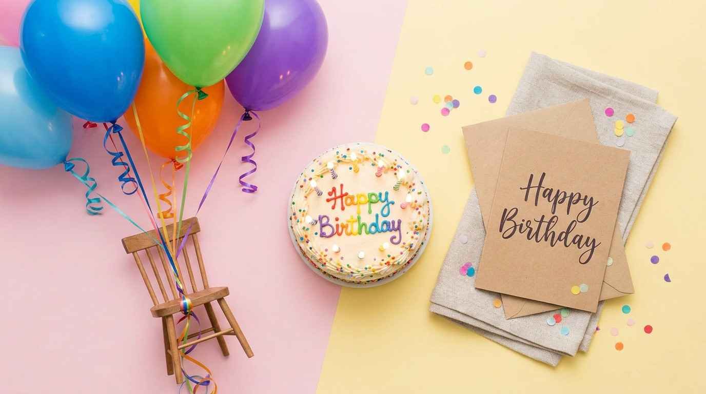 • : Short birthday wishes written on a birthday card surrounded by balloons and cake