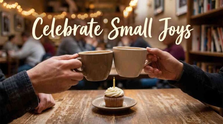 Two friends clinking coffee cups over a cupcake in a cozy café