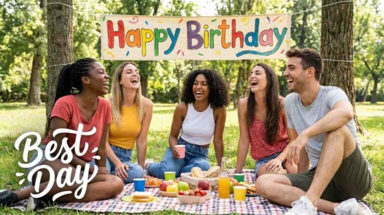 Friends laughing at a picnic celebrating a birthday with a banner.