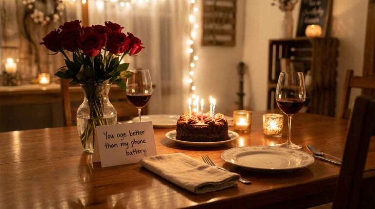 Light funny birthday wish for partner at a romantic birthday dinner