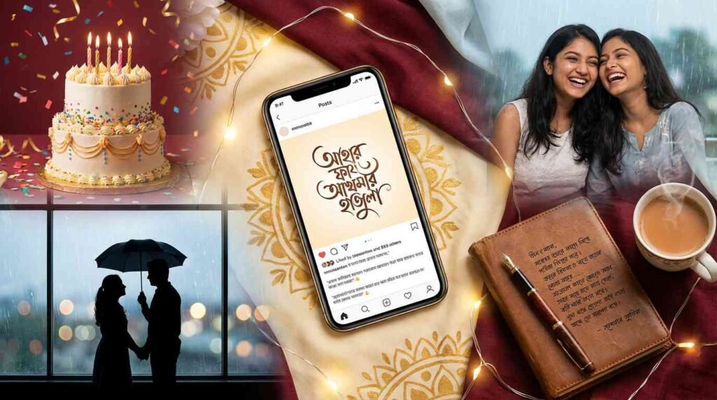 বাংলা উক্তি ক্যাপশন ও শুভেচ্ছা হাব পেজের ফিচার্ড ইমেজ যেখানে জন্মদিন প্রেম বন্ধুত্ব বৃষ্টি ও সামাজিক যোগাযোগমাধ্যমের বিষয়বস্তু তুলে ধরা হয়েছে
